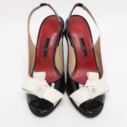 Pre Owned CH Carolina Herrera Black/White Leather and Patent Leather Peep Toe Bow Espadrille Wedge Sandals Size 37