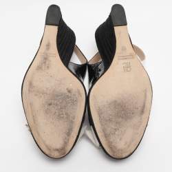Pre Owned CH Carolina Herrera Black/White Leather and Patent Leather Peep Toe Bow Espadrille Wedge Sandals Size 37