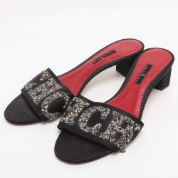Pre Owned CH Carolina Herrera Black Satin And Glitter Slide Sandals Size 37