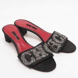 Pre Owned CH Carolina Herrera Black Satin And Glitter Slide Sandals Size 37