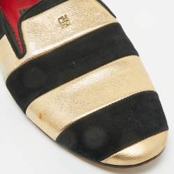 Pre Owned CH Carolina Herrera Black/Gold Leather and Suede Smoking Slippers Size 38