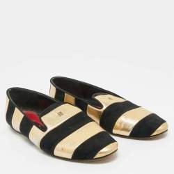 Pre Owned CH Carolina Herrera Black/Gold Leather and Suede Smoking Slippers Size 38