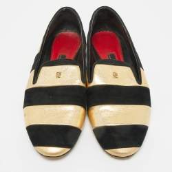 Pre Owned CH Carolina Herrera Black/Gold Leather and Suede Smoking Slippers Size 38