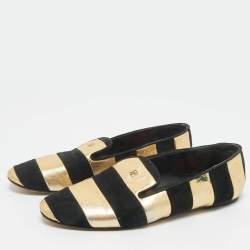 Pre Owned CH Carolina Herrera Black/Gold Leather and Suede Smoking Slippers Size 38