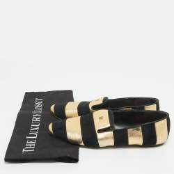 Pre Owned CH Carolina Herrera Black/Gold Leather and Suede Smoking Slippers Size 38