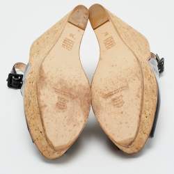 مملوكة مسبقًا CH Carolina Herrera Black Patent Leather Peep Toe Bow Espadrille Wedge Sandals Size 38