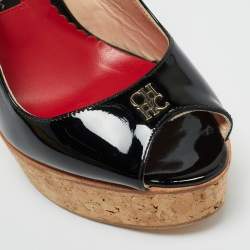 مملوكة مسبقًا CH Carolina Herrera Black Patent Leather Peep Toe Bow Espadrille Wedge Sandals Size 38
