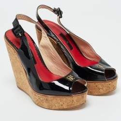 مملوكة مسبقًا CH Carolina Herrera Black Patent Leather Peep Toe Bow Espadrille Wedge Sandals Size 38