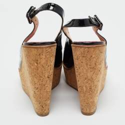 مملوكة مسبقًا CH Carolina Herrera Black Patent Leather Peep Toe Bow Espadrille Wedge Sandals Size 38