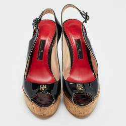 مملوكة مسبقًا CH Carolina Herrera Black Patent Leather Peep Toe Bow Espadrille Wedge Sandals Size 38