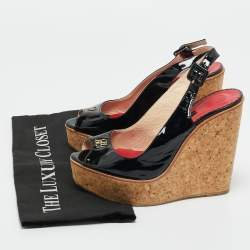 مملوكة مسبقًا CH Carolina Herrera Black Patent Leather Peep Toe Bow Espadrille Wedge Sandals Size 38