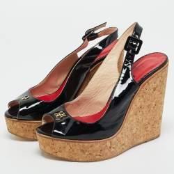 مملوكة مسبقًا CH Carolina Herrera Black Patent Leather Peep Toe Bow Espadrille Wedge Sandals Size 38