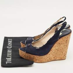 Pre Owned CH Carolina Herrera Navy Blue Suede Cork Wedge Sandals Size 39