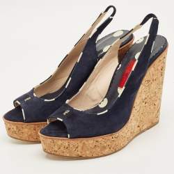 Pre Owned CH Carolina Herrera Navy Blue Suede Cork Wedge Sandals Size 39