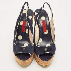 Pre Owned CH Carolina Herrera Navy Blue Suede Cork Wedge Sandals Size 39