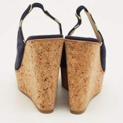 Pre Owned CH Carolina Herrera Navy Blue Suede Cork Wedge Sandals Size 39