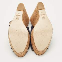 Pre Owned CH Carolina Herrera Navy Blue Suede Cork Wedge Sandals Size 39