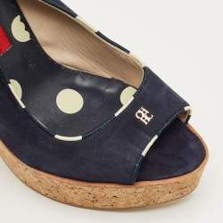 Pre Owned CH Carolina Herrera Navy Blue Suede Cork Wedge Sandals Size 39