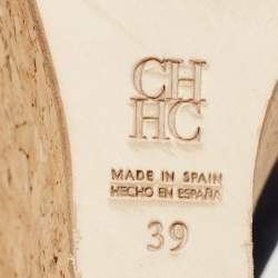 Pre Owned CH Carolina Herrera Navy Blue Suede Cork Wedge Sandals Size 39