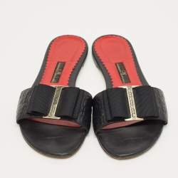 Pre Owned CH Carolina Herrera Black Leather Bow Flat Slides Size 36