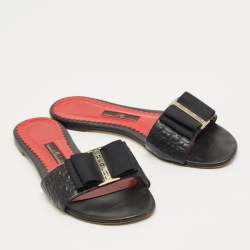Pre Owned CH Carolina Herrera Black Leather Bow Flat Slides Size 36
