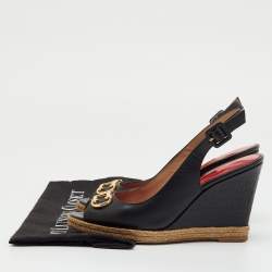 Pre Owned CH Carolina Herrera Black Leather Initials Insignia Slingback Wedge Sandals Size 38
