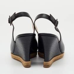 Pre Owned CH Carolina Herrera Black Leather Initials Insignia Slingback Wedge Sandals Size 38