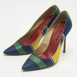 Pre Owned CH Carolina Herrera Multicolor Woven Fabric Stripe Pointed Toe Pumps Size 38