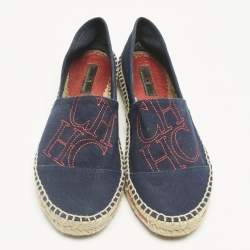 Pre Owned CH Carolina Herrera Navy Blue Canvas Espadrille Flats Size 37