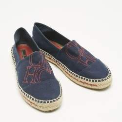 Pre Owned CH Carolina Herrera Navy Blue Canvas Espadrille Flats Size 37