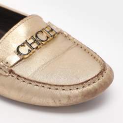 Pre Owned CH Carolina Herrera Gold Leather Logo Embellished Loafers Size 38