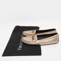 Pre Owned CH Carolina Herrera Gold Leather Logo Embellished Loafers Size 38