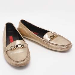Pre Owned CH Carolina Herrera Gold Leather Logo Embellished Loafers Size 38