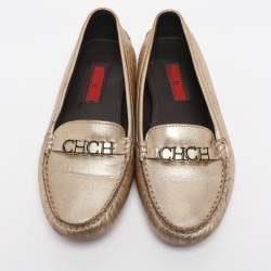 Pre Owned CH Carolina Herrera Gold Leather Logo Embellished Loafers Size 38