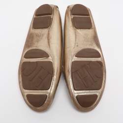 Pre Owned CH Carolina Herrera Gold Leather Logo Embellished Loafers Size 38