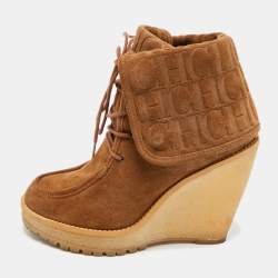 Pre Owned CH Carolina Herrera Size 37 Brown Suede Wedge Ankle Length Boots