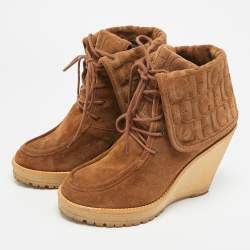 Pre Owned حذاء بوت سي إتش كارولينا هيريرا سويدي بني بطول الكاحل بكعب إسفين مقاس 37