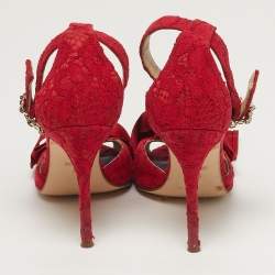 مملوكة مسبقًا CH Carolina Herrera Size 36 Red Lace and Satin Bow Ankle Strap Sandals