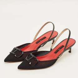 مملوكة مسبقًا CH Carolina Herrera Initials Insignia Size 37 Black Mesh and Leather Slingback Pumps