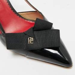 مملوكة مسبقًا صندل سي إتش كارولينا هيريرا جلد أسود لامع مع فيونكة بفتحة كعب مقدمة مدببة مقاس 38