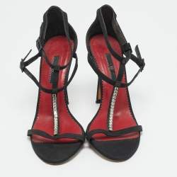 Pre Owned CH Carolina Herrera Size 37 Black Canvas Ankle Strap Sandals