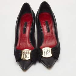 Pre Owned CH Carolina Herrera Bow Size 38 Black Leather and Suede Pointed Toe Pumps