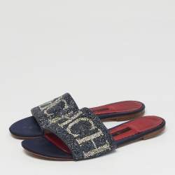 Pre Owned صندل سي إتش كارولينا هيريرا جلد أزرق كحلي ومزين بالترتر مسطح مقاس 38