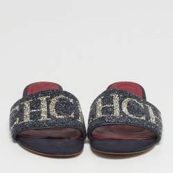 Pre Owned صندل سي إتش كارولينا هيريرا جلد أزرق كحلي ومزين بالترتر مسطح مقاس 38