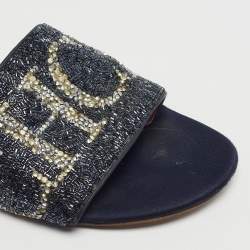 Pre Owned صندل سي إتش كارولينا هيريرا جلد أزرق كحلي ومزين بالترتر مسطح مقاس 38