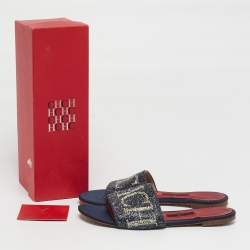 Pre Owned صندل سي إتش كارولينا هيريرا جلد أزرق كحلي ومزين بالترتر مسطح مقاس 38