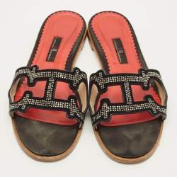 Pre Owned CH Carolina Herrera Size 38 Black Suede Crystal Embellished Flat Slides