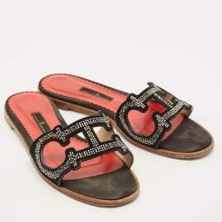 Pre Owned CH Carolina Herrera Size 38 Black Suede Crystal Embellished Flat Slides