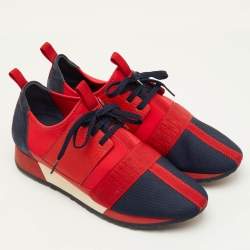 Pre Owned CH Carolina Herrera Size 39 Red/Navy Blue Fabric, Leather and Suede Low Top Sneakers