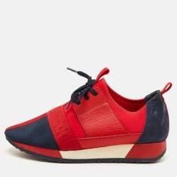 Pre Owned CH Carolina Herrera Size 39 Red/Navy Blue Fabric, Leather and Suede Low Top Sneakers